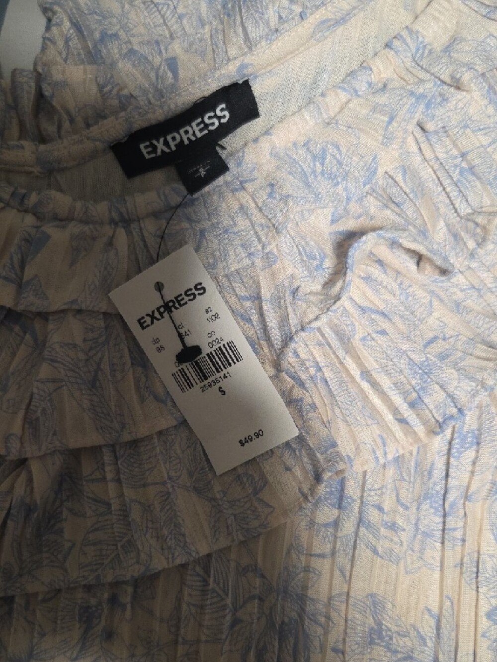 Express Light Blue Floral Ruffle-Neck Blouse - Picture 2 of 5